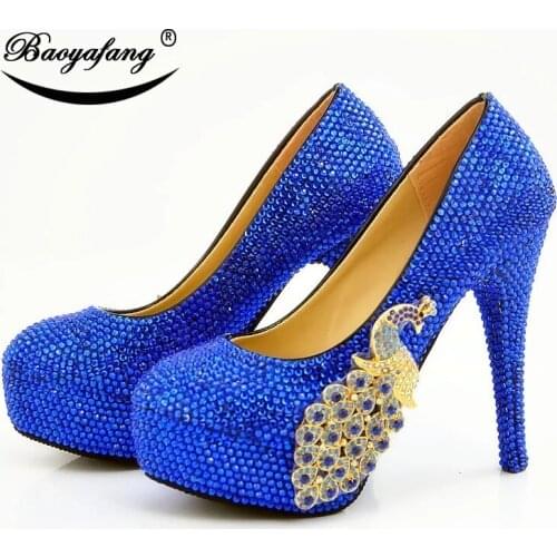 New 2021 Spring Blue Crystal Party Dress Shoes Women Peacock Wedding Shoes Bride Fashion High Heels Platform Round Toe Pumps