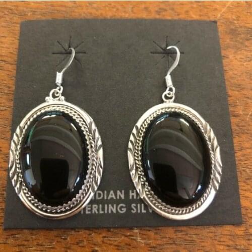 New Vintage Fashion Silver Color Large Dang Black Onyx Stone Hoop Stud Earrings Endless Earrings for Women Girls Gifts