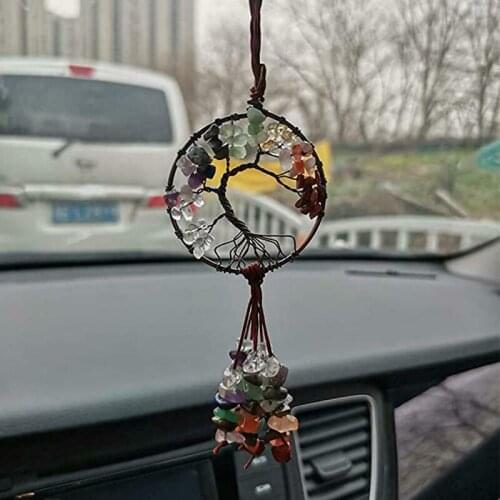 Crystal Wind Natural Stone Pendant 7 Chakra Round Tree Colorful Keychains Car Key Hanging Drop For Outdoor Indoor Home Decor