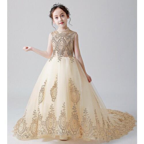 Luxury Gold Flower Girl Dresses Lace Applique Sleeveless For Gold Beading Gown Kids Girls First Holy Communion Party Dresses