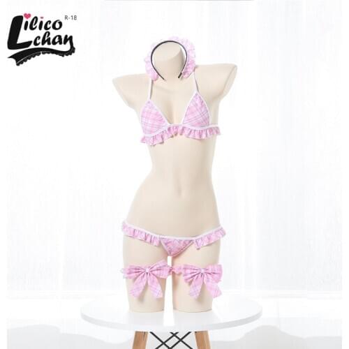 3 Colors Sexy Japanese Student Role Play Uniform Cute Bow Leg Ring Anime Costume Grid Sweet Maid Three-Point Halter Suit