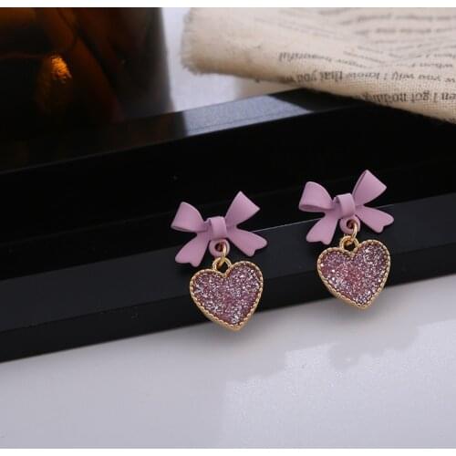 Korean Stud Earrings Mini Kawaii Cute Bow Women Sweet Solid Purple Bow Heart Earrings for Women Girls Fashion Jewelry Girls Gift