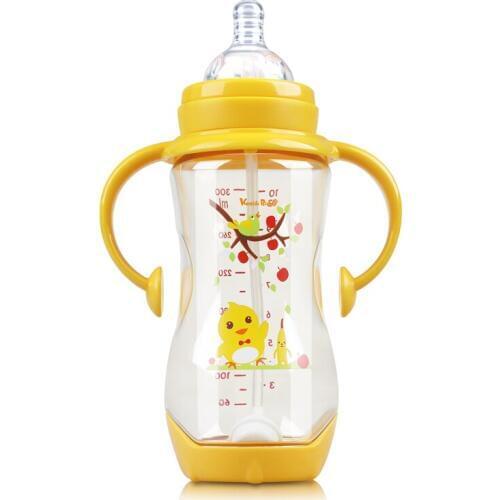 Children handle cartoon silicone nipple infant shatter-proof heat-proof 300ml Tritan baby bottle on sale KD1265
