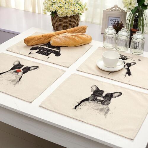 Dog French Bulldog Pattern Placemat Dining Table Mat Cotton Linen Pad Drink Coaster Cup Mat 42*32cm Kitchen Accessories MA0084