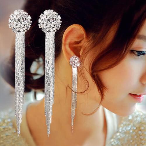 Wedding Party Jewelry Elegant Sunflower Rhinestone Crystal Drop Earrings Exaggerated Female Long Tassel Earrings Bride Ear Clip