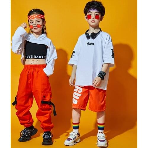 New Jazz Dance Costumes For Kids Girls Hip Hop Clothing Hooded Crop Tops Orange Overalls Pants Boys Street Dance Outfit BL5947