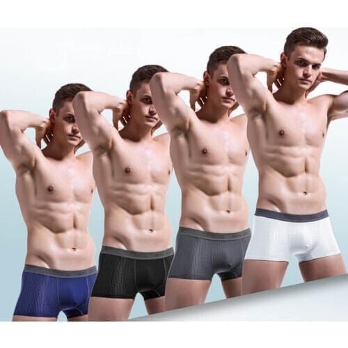 4PCS/Lots Men Boxer Shorts Ice Silk Slip Homme Underwear Cueca Boxers Calzoncillo Hombre Gay Panties Mesh Boxershort Plus Size