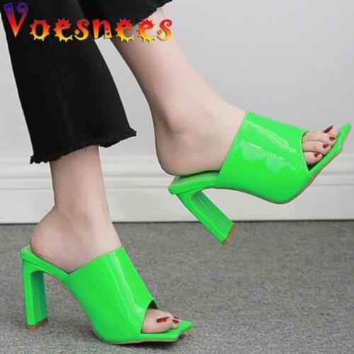 Fashion Sexy New Sandals Shallow Open Toe Slippers Nightclub Chunky Heel Women Shoes Summer Party High Heels Fluorescent Green