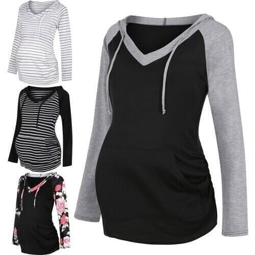 Winter pregnant women and maternity stripes printed V-neck long-sleeved hooded sweatshirt coat top pullover Maternity Clothes