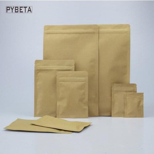 100pcs/lot- 12 sizes available Kraft Paper Flat Bottom Pouch Foil Coated Inner Zipper top food candy party gift bags