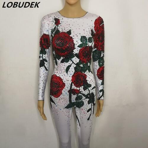 3 Colors Rhinestones Rose Flowers Jumpsuit Leotard Stretch Crystals Jumpsuits Sexy Women Bar Party Costume Birthday Stage Wears