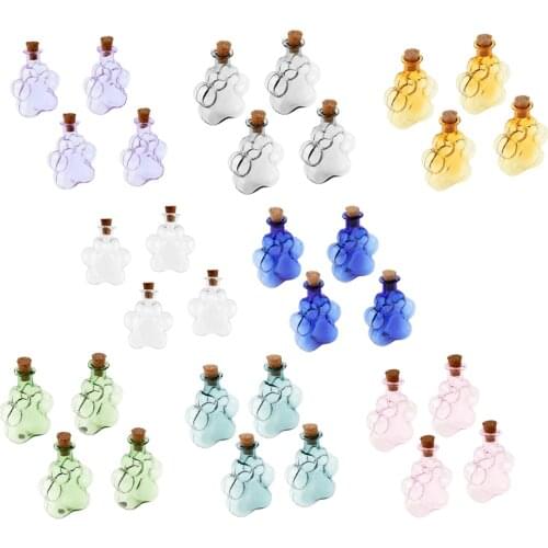 4Pcs Mini Paw Empty Glass Wishing Bottle Vial Pendant Charms Jars with Cork Stoppers DIY Craft