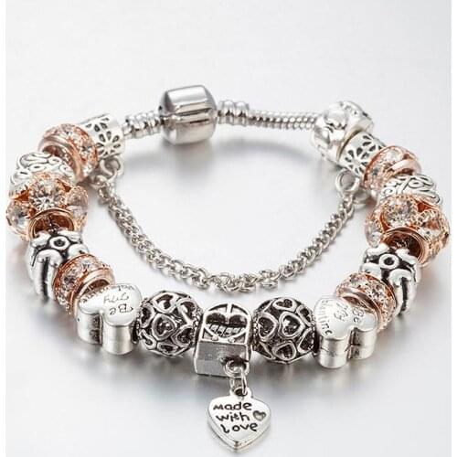 Hot Heart With Beige Beads Bracelet & Bangles Charm For Pandora Fashion Jewelry