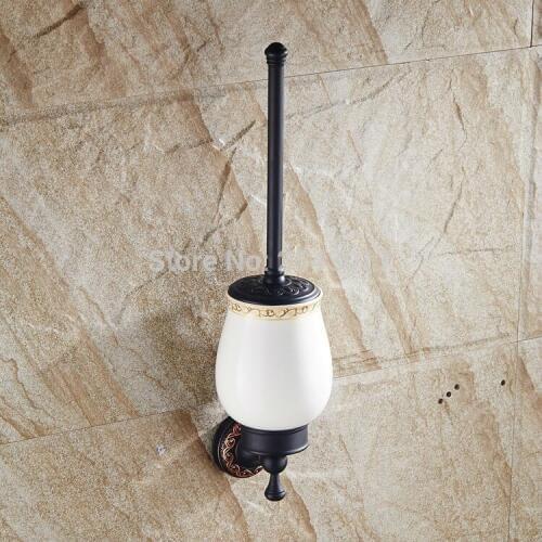 Wholesale and Retail Copper Black Toilet Brush Holder Bathroom Hardware Brush Holder Set with Ceramic Cup Fashion Style ZR2406