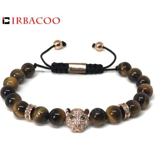 IRBACOO Fashion Men Bracelet Black Tiger Eye 8mm Natural Stone Macrame Bracelet With Leopard Head For Men Jewelry Gift