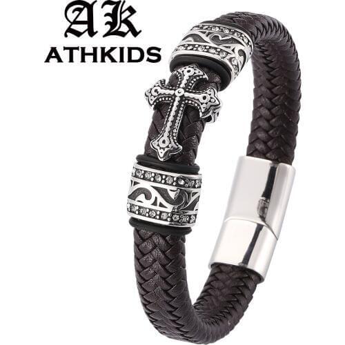 Classical Fashion Men Brown Leather Chain Weaved Man Bracelets with Magnet Clasp Stainless Steel Cross Charm Wristband PD0109