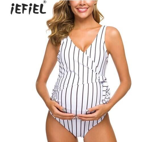 Summer Maternity Swimwear Pregnant Women V Neck Striped Bikini Swimsuit Pregnancy Backless Tankinis Bathing Suit Beachwear