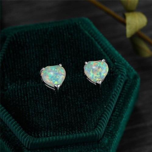 Cute Female White Blue Opal Stone Earrings Vintage Bridal Love Heart Stud Earrings Charm Silver Color Wedding Earrings For Women