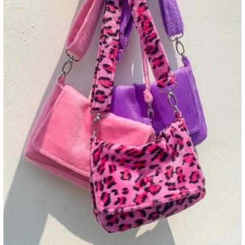Fashion Faux Fur Women Messenger Bags Soft Plush Ladies Shoulder Bag Vintage Leopard Female Clutch Purse Winter Warm Handbags