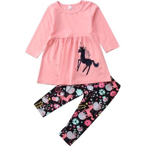 Fashion Autumn Child Toddler 2pcs Clothing Set Kids Baby Girls Unicorn Long Sleeve Tops+ Floral Pants Outfits Clothes Set