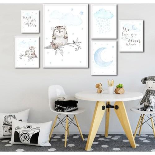 Wall Art Painting Nursery Quotes Poster Owl Cartoon Blue Canvas Print Decorative Picture Nordic Kids Boys Bedroom Decoration