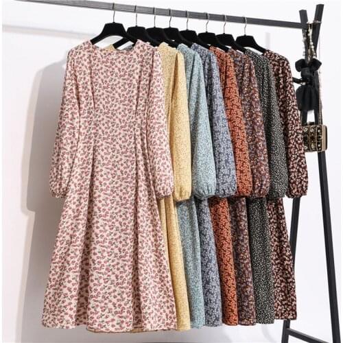New Floral Printed Chiffon Dress Women Autumn Spring Long-Sleeved O-Neck High Waist Long Dresses Female Vestidos