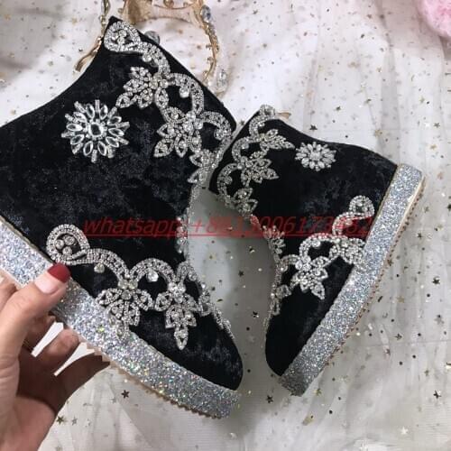 New luxury rhinestones pointed toe inner heel black white velvet woman snow boots diamonds woman crystal inner heel snow boots