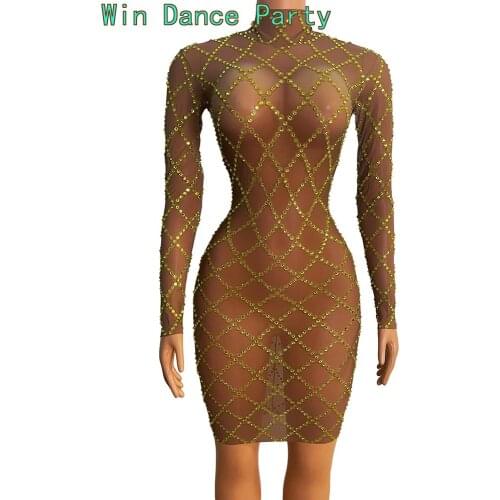 Skinny Rhinestone See Through Mesh Short Dress Women Dancer Singer Show Outfit Birthday Celebrate Prom Sexy Dress