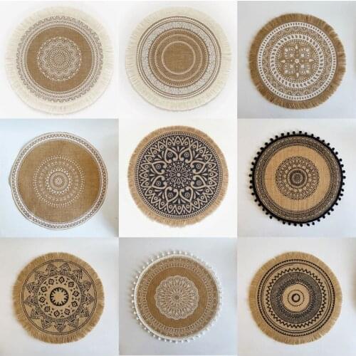 Bohemia Style Jute Braid Placemats Handmade Tassel Embroidery Coffee Cup Mat Dessert Pan Heat Insulation Home Tableware Placemat