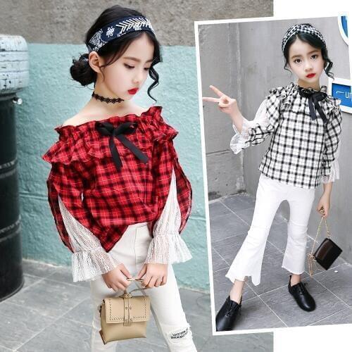 Girls Slashneck Shirt Long-sleeved Plaid Childrens Shirt Cotton Lace Spring and Autumn 2018 Big Children Korean Blouses Shirts