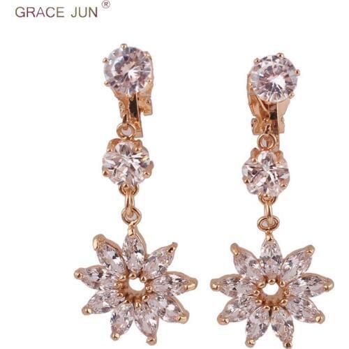 GRACE JUN Luxury Bridal Wedding Flower Shape AAA CZ Clip on Earrings for Women Party Gorgeous Without Pierced Earrings Good Gift