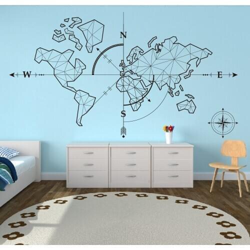 Large World Map Compass Earth Wall Sticker Office Classroom Travel Global Exploration Adventure Decals Vinyl Art Décor