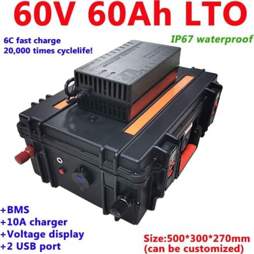 Waterproof 60V 60Ah lithium titanate fast charge LTO battery for electric cars electric tricycles touris motorcycle+10A Charger