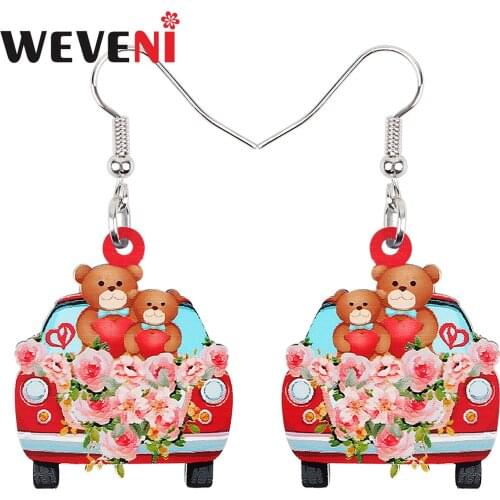 WEVENI Valentines Day Acrylic Red Folwers Bear Doll Car Earrings Long Drop Dangle Fashion Charm Gifts Jewelry For Women Girls