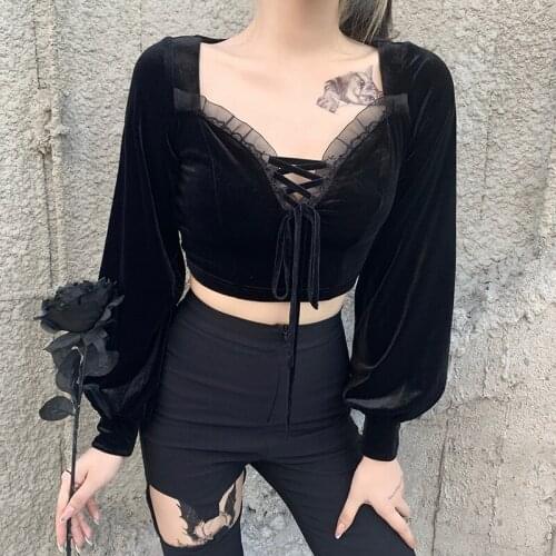 Goth Women Black Blouses Short Slim Solid Shirt Lantern Long Sleeves Vintage Gothic Fashion Casual Ladies Tops