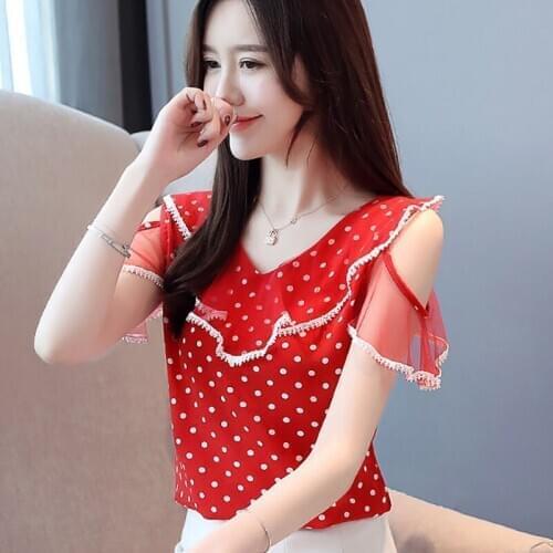 Off Shoulder Women Spring Summer Style Chiffon Blouses Shirts Casual Short Ruffles Sleeve Polka Dot Printed Blusas Tops ZZ0452