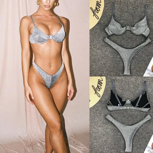 Women Shining Silver Bikini set 2 Pcs Push-up Unpadded Bra Bikini Briefs Beachwear Swimwear Low wasit thong Strappy Bra