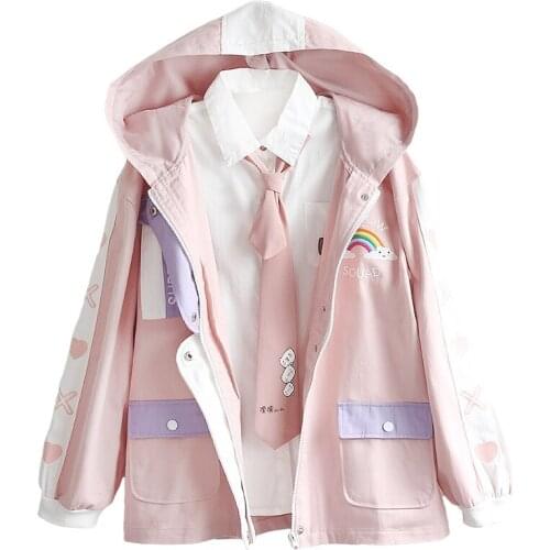 2021 Winter Cute Coat for Women Rainbow Embroidery Color Blocking Long-Sleeve Loose Hoodies Pink Soft Warm Hooded Coat