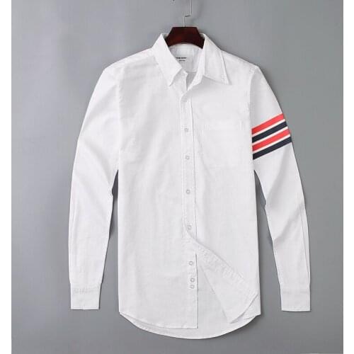 2021 Fashion TB THOM Brand Shirts Men Slim White Red Black Striped Casual Shirt Turn Down Collar Oxford Solid Mens Clothing