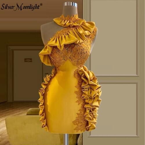 Arabic One Shoulder Gold Cocktail Dress Ruffles Neck Luxury Celebrity Dresses Pageant Vestidos De Fiesta Custom Made