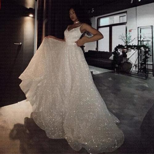 Sparkle Wedding Dress 2021 Sexy Spaghetti Straps Backless Bridal Gowns
