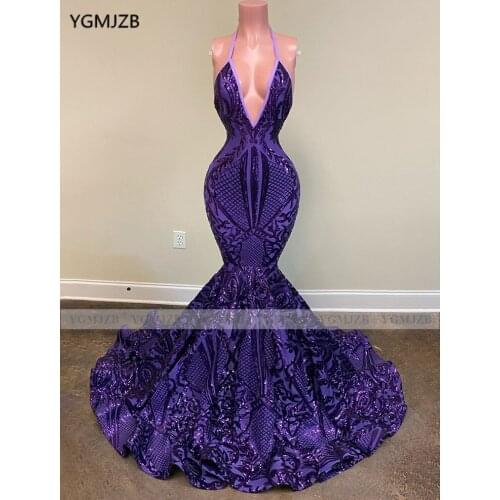 Purple Sparkly Sequin Long Prom Dresses 2020 Sexy Backless Halter African Girls Mermaid Women Formal Evening Party Gowns