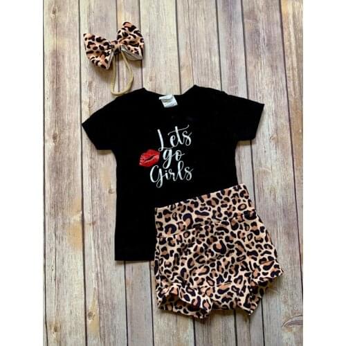 FOCUSNORM 3 Colors Toddler Baby Girls Clothes Sets 3pcs Letter Printed Short Sleeve T Shirts Leopard Shorts Headband 0-4Y