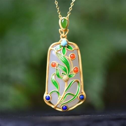 Natural Hetian Jade S925 Sterling Silver Gold Ethnic Style Vintage Pendant Pendant Burnt Blue Necklace Refined Grace to Give Mom
