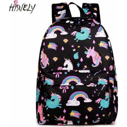 HISUELY 2021 New School Backpack Cartoon Rainbow Unicorn Design Water Repellent Backpack For Teenager Girls School Bags Mochila
