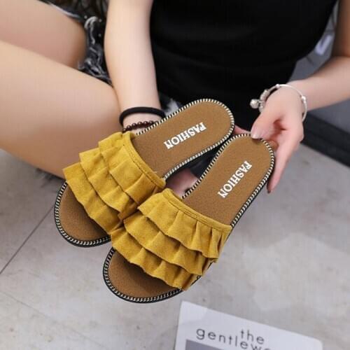 Summer Outdoor Womens Ruffles Wrinkle Sandals Casual Home Fashion Slippers Rubber Soled Comfort Female Slides Shoes