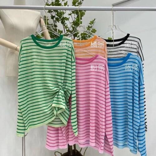 Ice Silk Sunscreen Summer Thin 2021 New Candy Color Stripe Loose Casual T-shirt Blouse