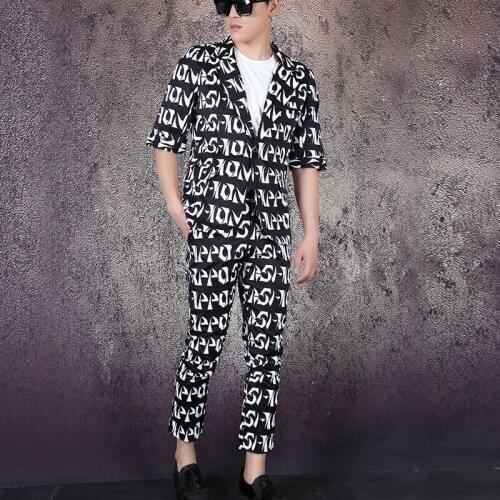 M-5xl Suit Men White Letter Pattern Half Sleeve Suit Nightclub Singer Hairdresser Studio Dress Suit Set Mens Suits With Pants