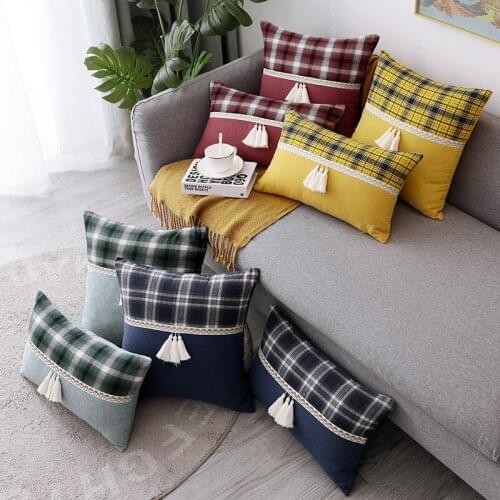 Mint Yellow Cotton Linen Tassel Plaid Stitching Nordic Pillow Sofa Throw Pillows Room CushioCover PillowCase 45X45CM /30X50CM