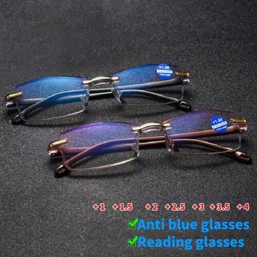 Hot Promotion Mens Square Frame Frameless High-end Reading Glasses Womens Anti-Blu-ray Diamond Cut Reading Glasses